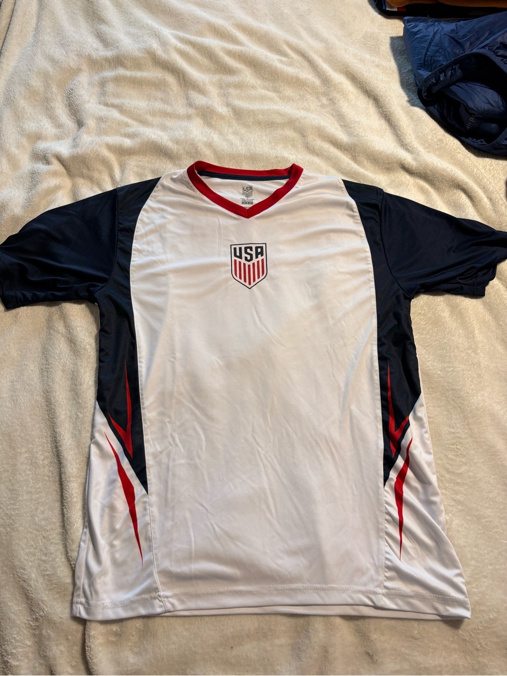USA Men's White Athletic Soccer Jersey with Navy & Red Trim